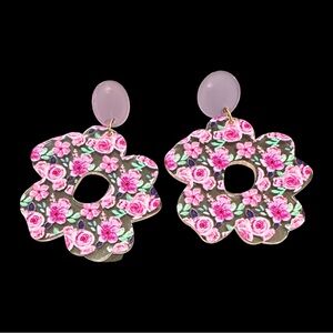 PASTEL Acrylic Earrings Purple Pink Floral Print Flower Shaped NEW